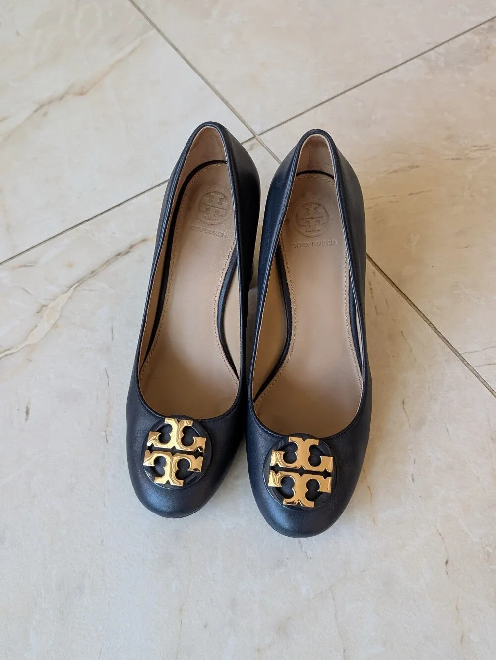 Tory Burch | Navy Blue Leather Janey Block Heel Pumps